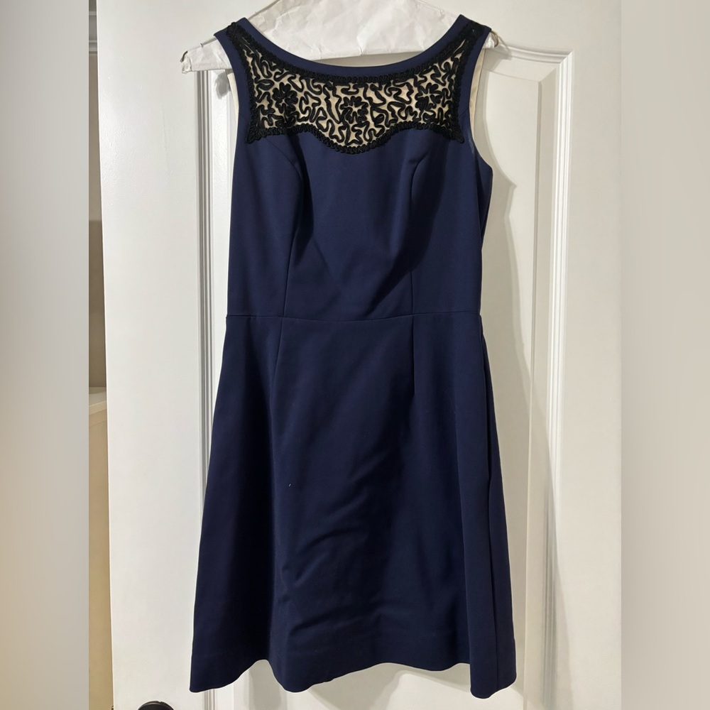 Elegant Navy Blue Dress with Black Lace Detail